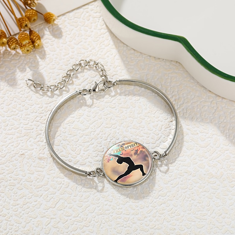 Adjustable White Flat Glass Bracelet Featuring Free-Spirited Dancer